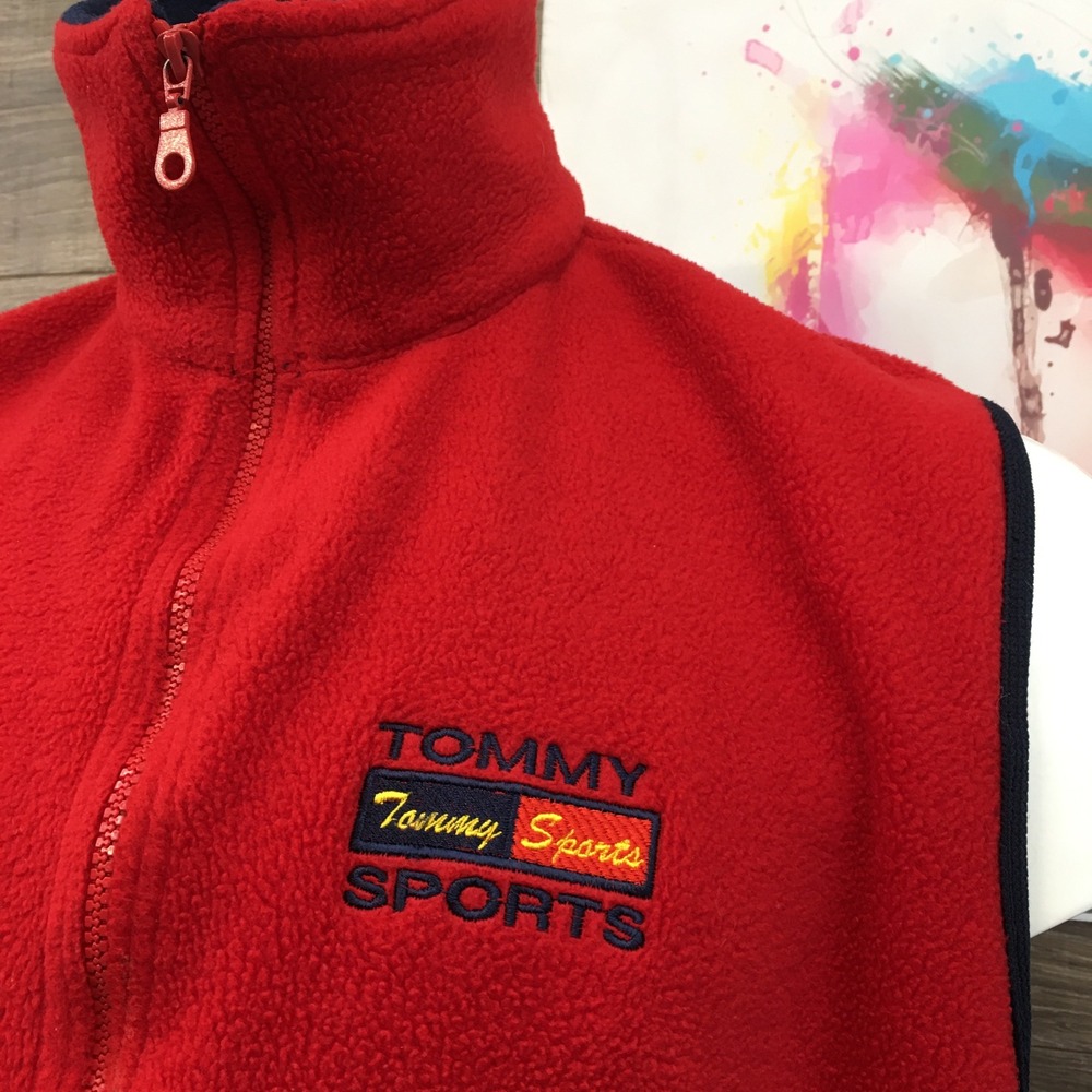 VINTAGE Tommy Hilfiger Sports Red Fleece Vest Mens Medium Full Zip Logo Collar‎ - Picture 2 of 6